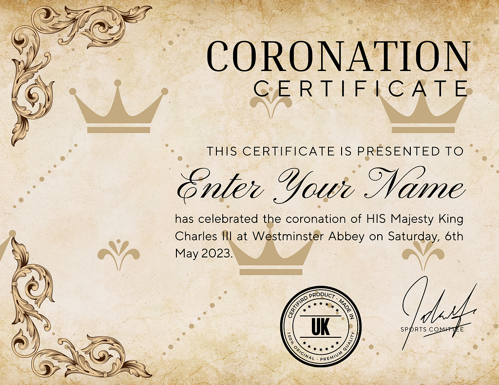 Vintage Style Coronation Certificate with Calligraphy