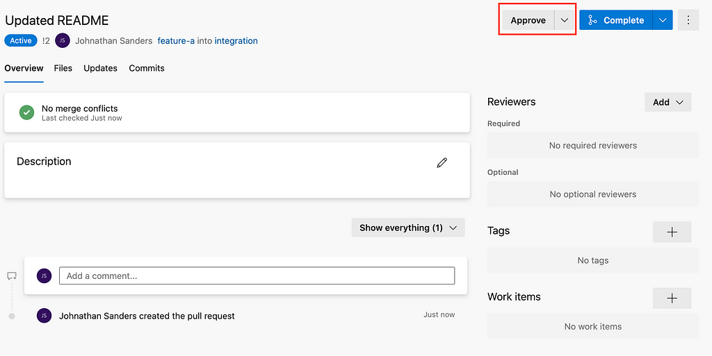 Screenshot of the Approve and Complete Pull Request screen