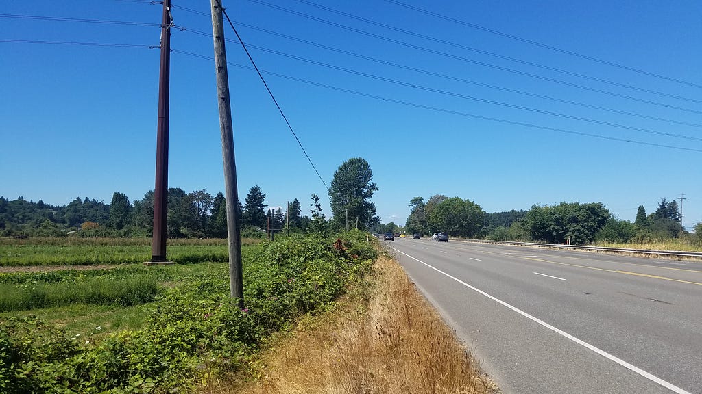 Photo of a five-lane highway next to farmland in the Puyallup River watershed. Photo credit: Puget Sound Partnership