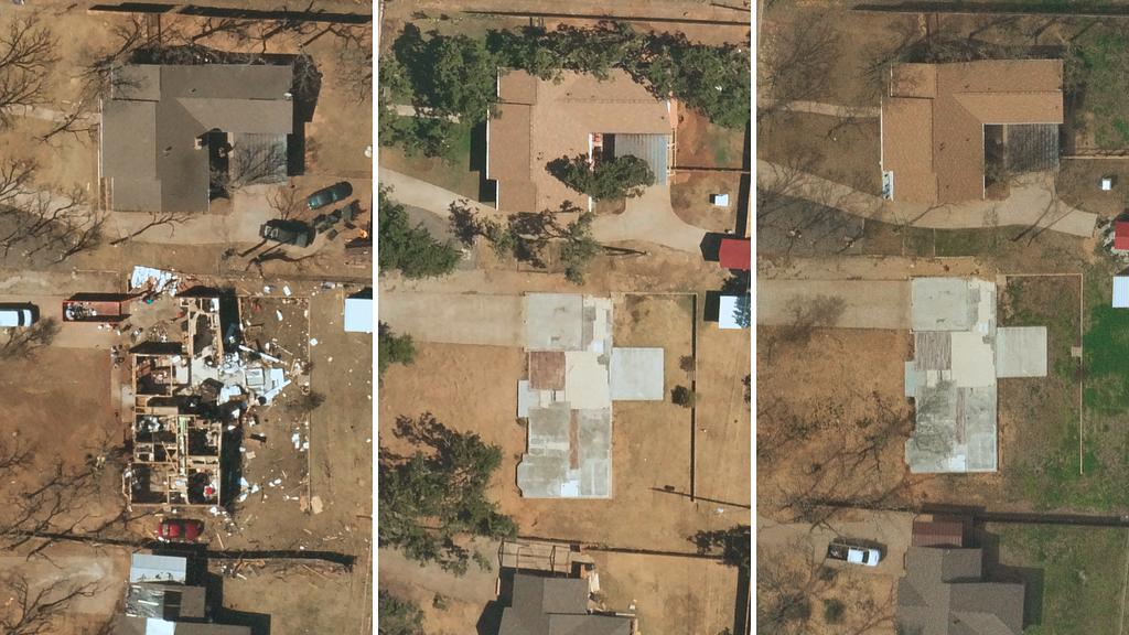 Near Space Labs high-frequency captures (3) that show a damaged property post-tornado and the development progress a year later. The final image shows the base foundation of the property with no construction started.