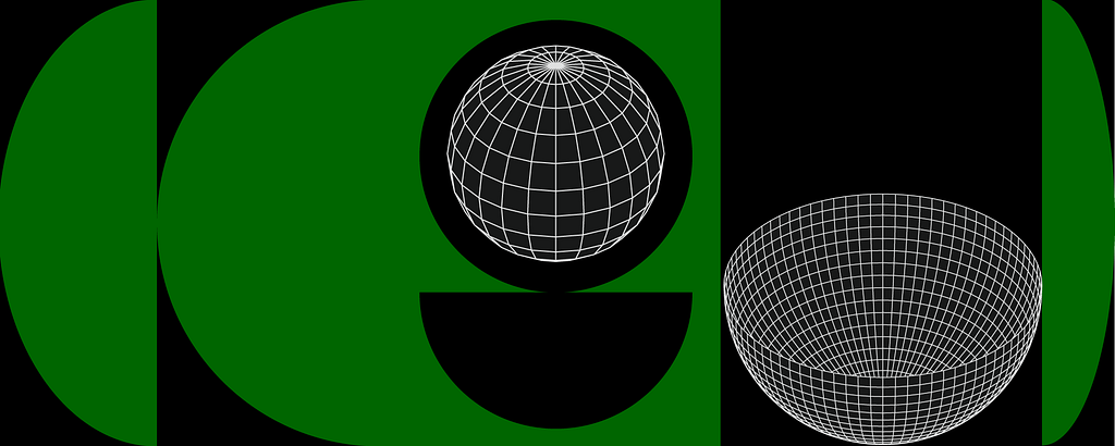 A collage ofgreen half circles and webbed white globes