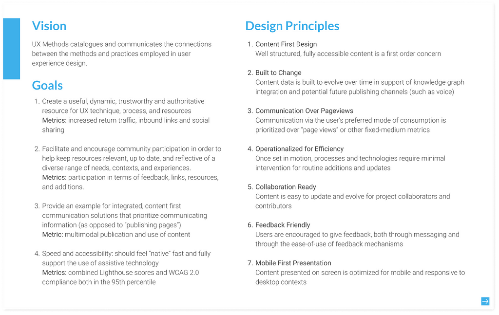 Document detailing the vision, goals, and design principles for UX Methods