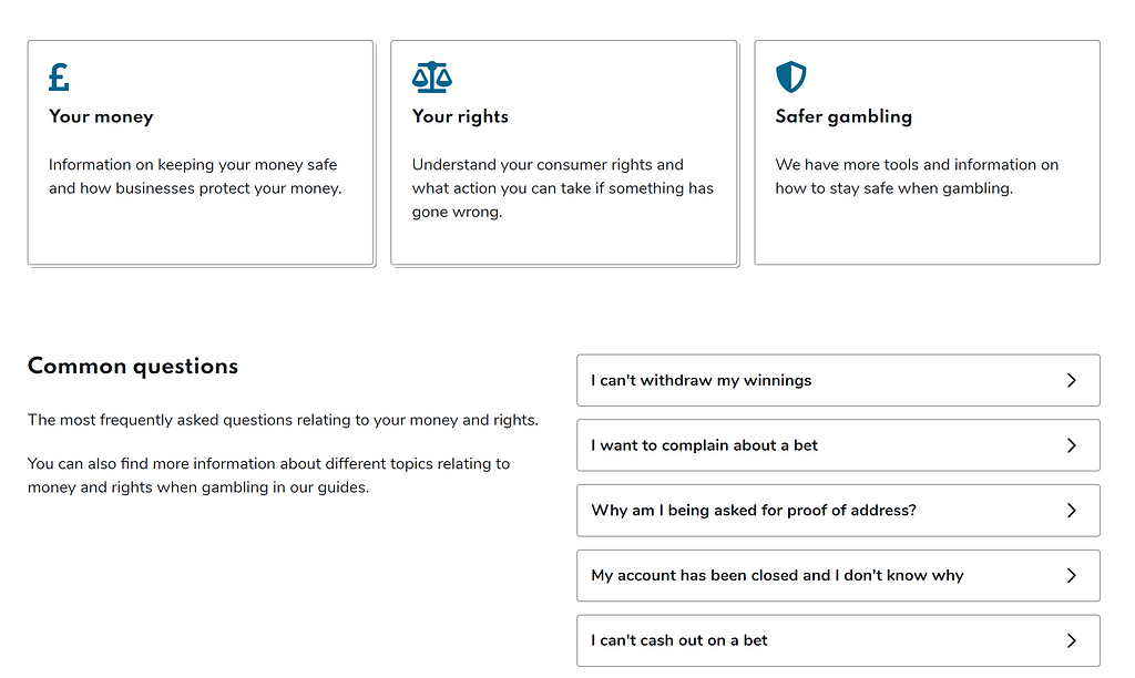 A screenshot of the money and rights content hub showing buttons listing common questions