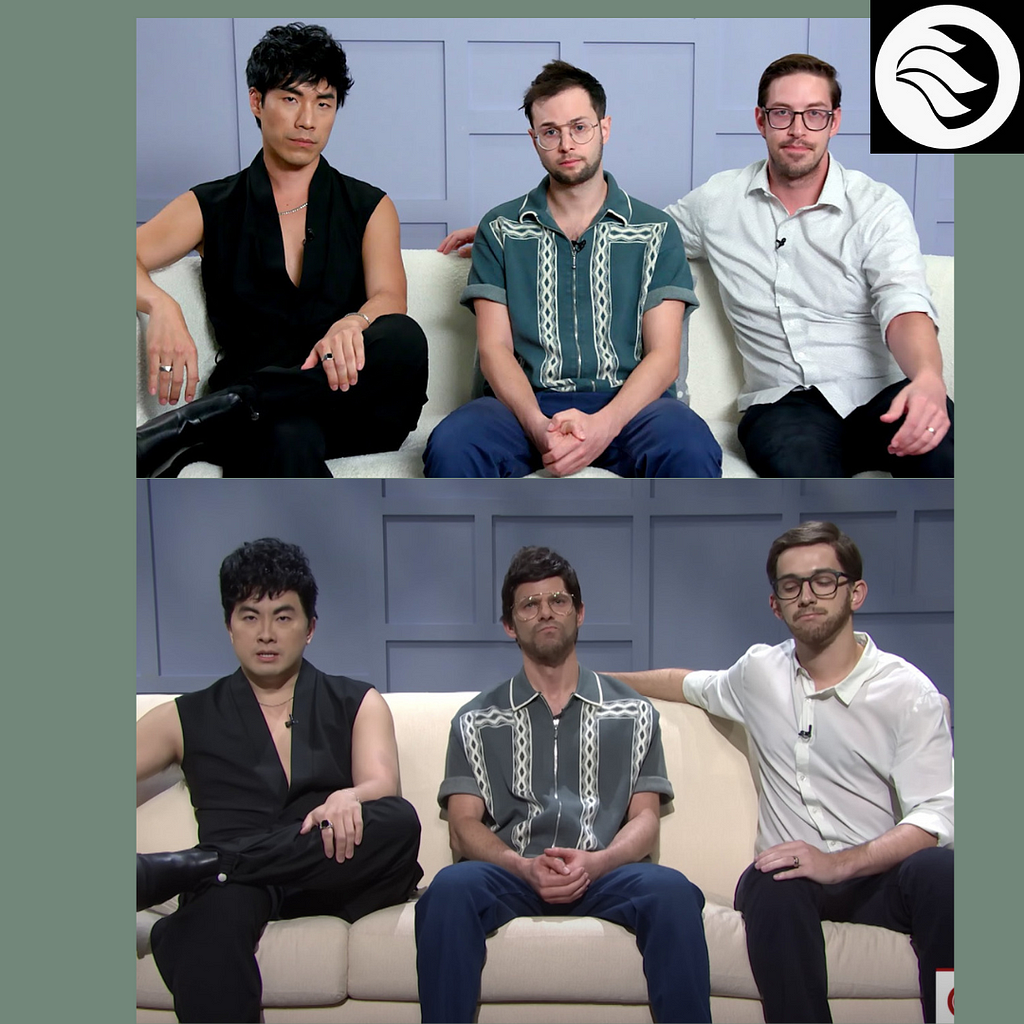 Image of the Try Guys in their video “What Happened” as compared to the actors on SNL recreating the scene for a skit.