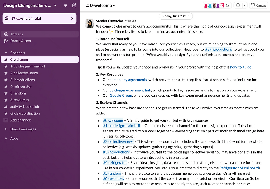 The initial channels and welcome guide in our Slack Group