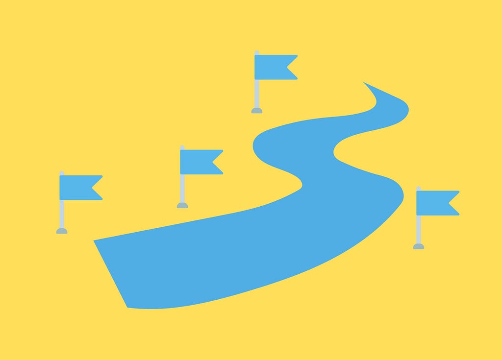 A blue graphic of a river with blue flags on poles along the path of the river.