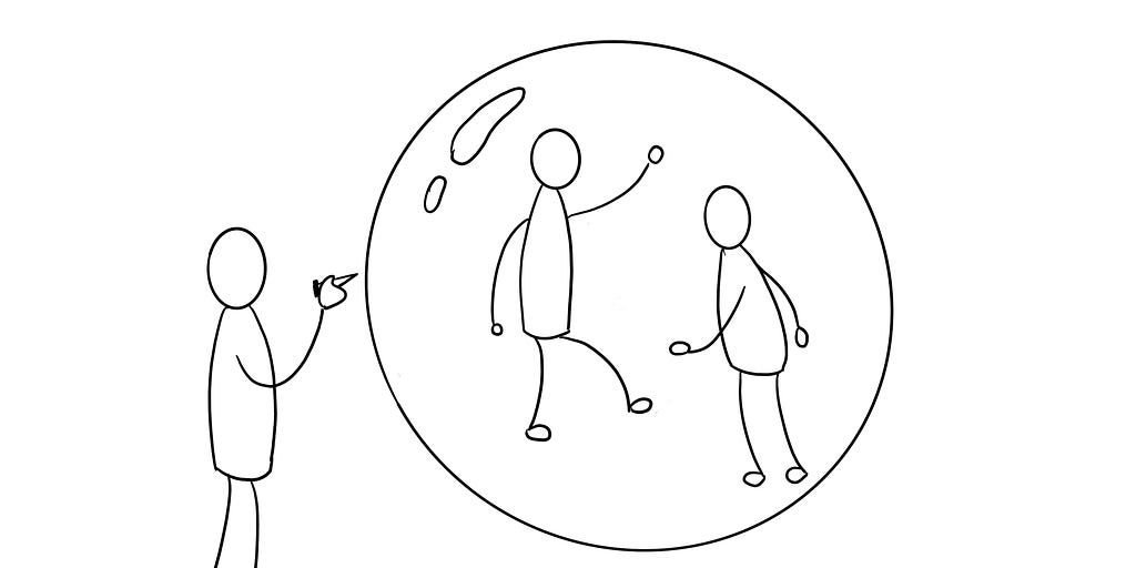 One person stands on the left and is about to burst a bubble, using a pin head. The huge bubble has two people floating inside.