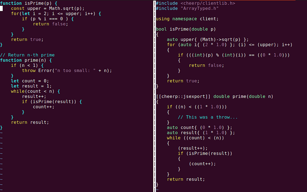 Screenshot of original JavaScript file and generated C++ file