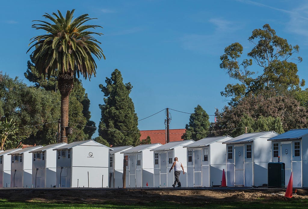 Temporary shelters inside the Veterans Administration complex in West Los Angeles. Photo by Diane Baldwin/RAND Corporation