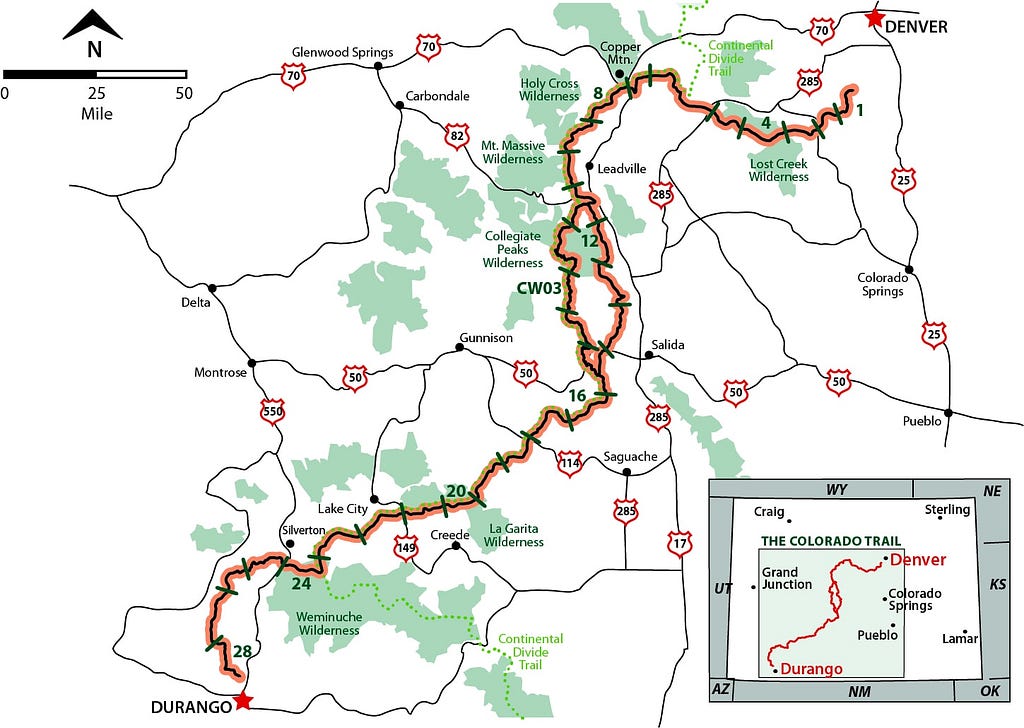 The Colorado Trail at a Glance — https://coloradotrail.org/trail/guidebooks-and-maps/