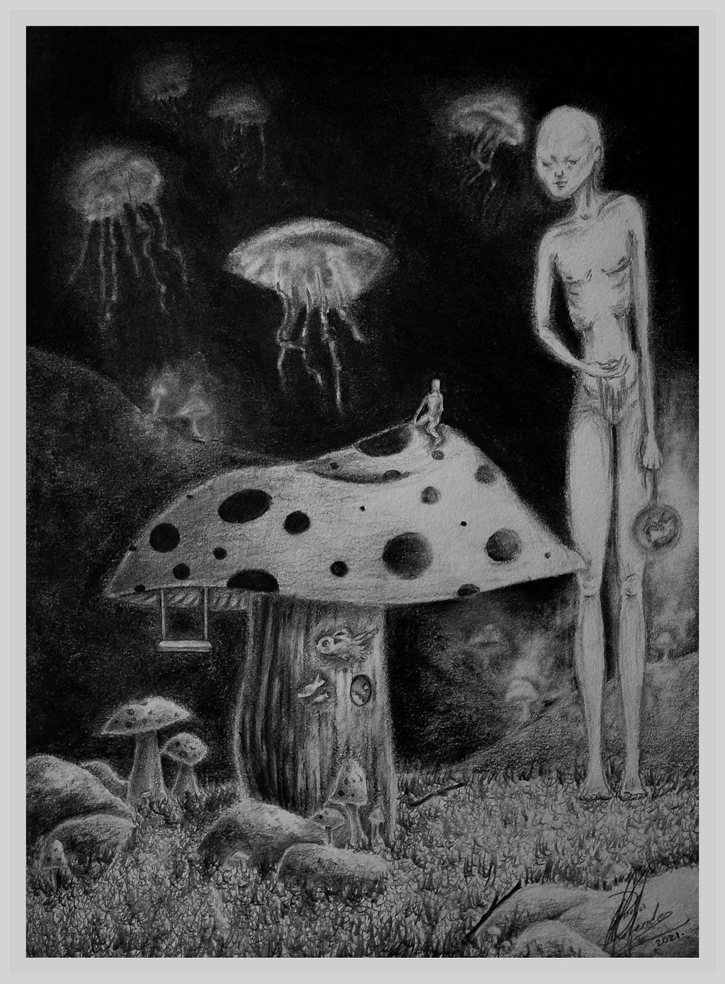 Black and white. Surrealistic piece made with pencil, in the front view there’s a giant mushroom on top of a grass field, a small opening in the root shows that this is also a house; this also has a swing, and a small person is sitting at the top of it. Looking to the right side, there is a large, lanky and pale figure holding a moon with the left hand and water on the other. The background shows deep waters filled with jellyfishes and glowing water mushrooms as well.