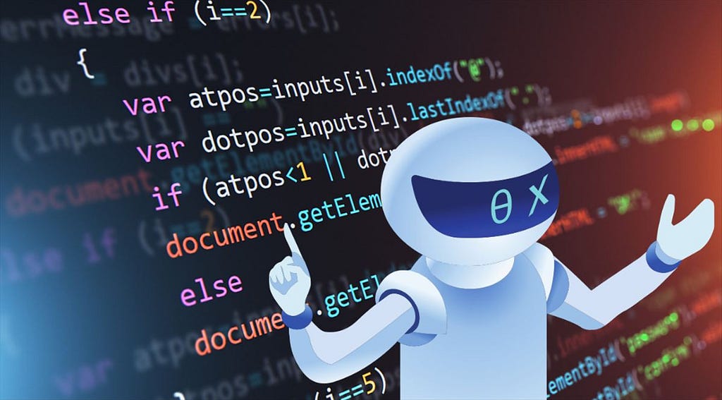 Un bot delante de un código desarrollado en Javascript