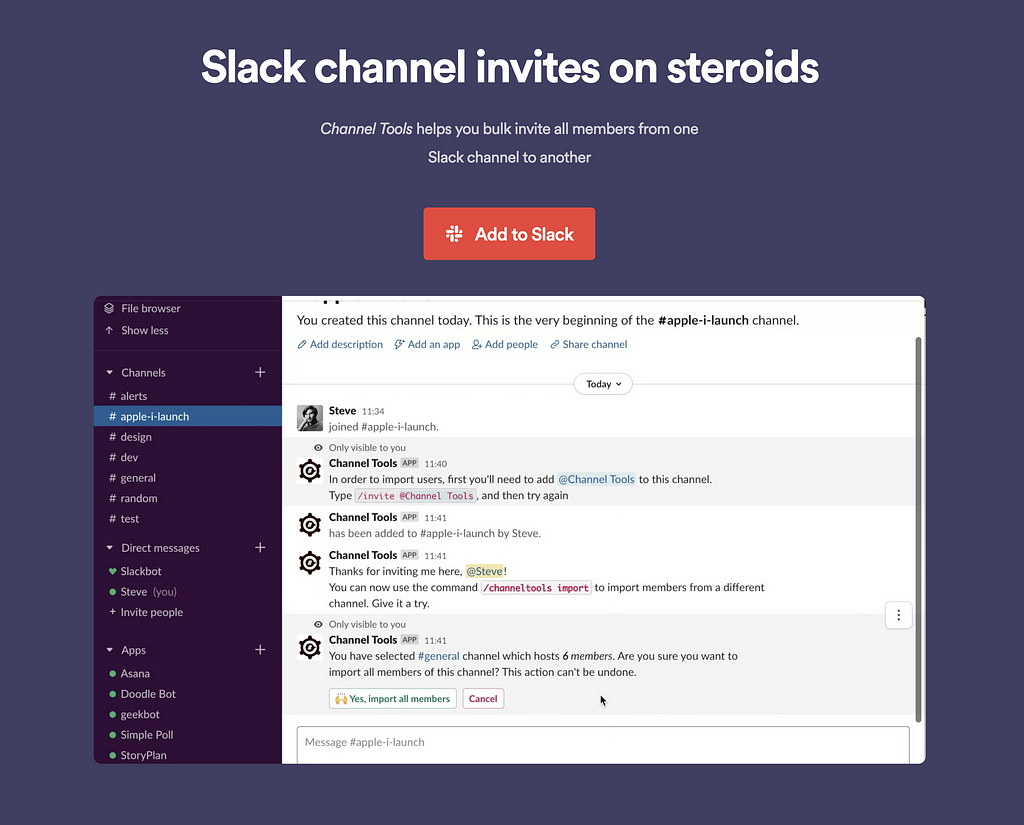 Channel Tools helps you to add all users in bulk to a Slack channel.