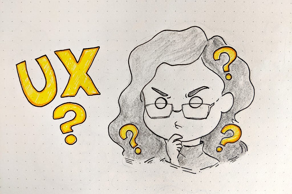 a drawing of the author with UX and question marks