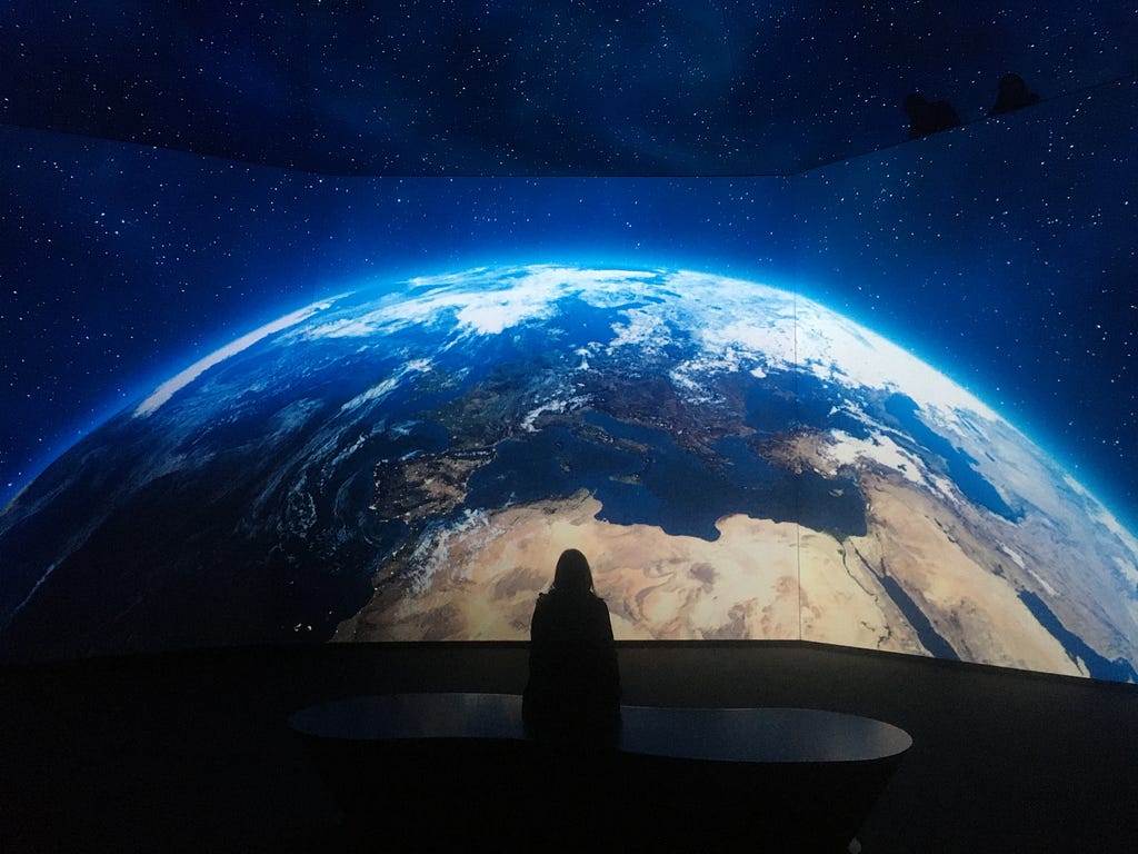 The head of a single figure is silhouetted against a giant rendering of the earth in space