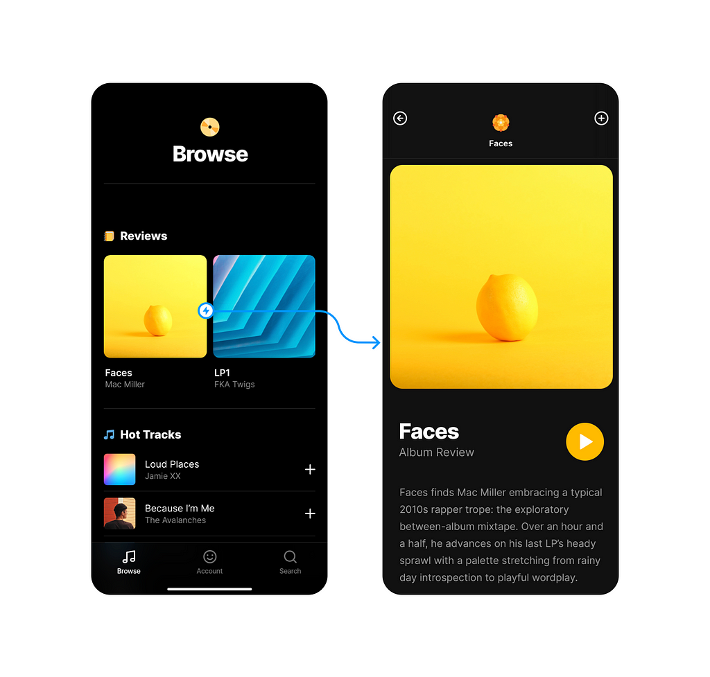 Framer prototype showing transitions between screens in a music app