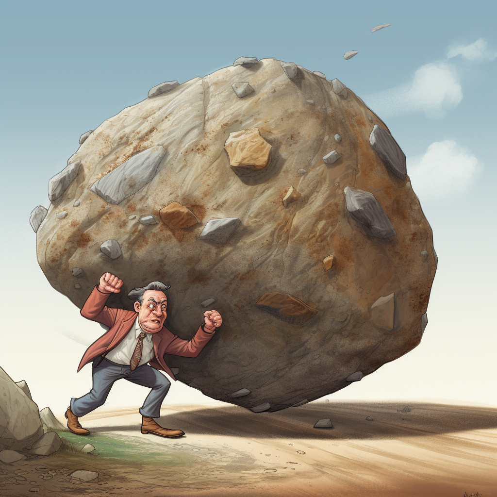 An image showing a person pushing a large boulder, symbolizing the effort required to build momentum and regain consistency after setbacks. This image represents the perseverance and effort needed to get back on track and rebuild routines after disruptions.