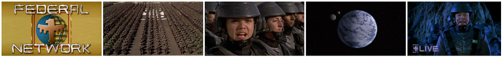 A series of still frames from the opening of Starship Troopers
