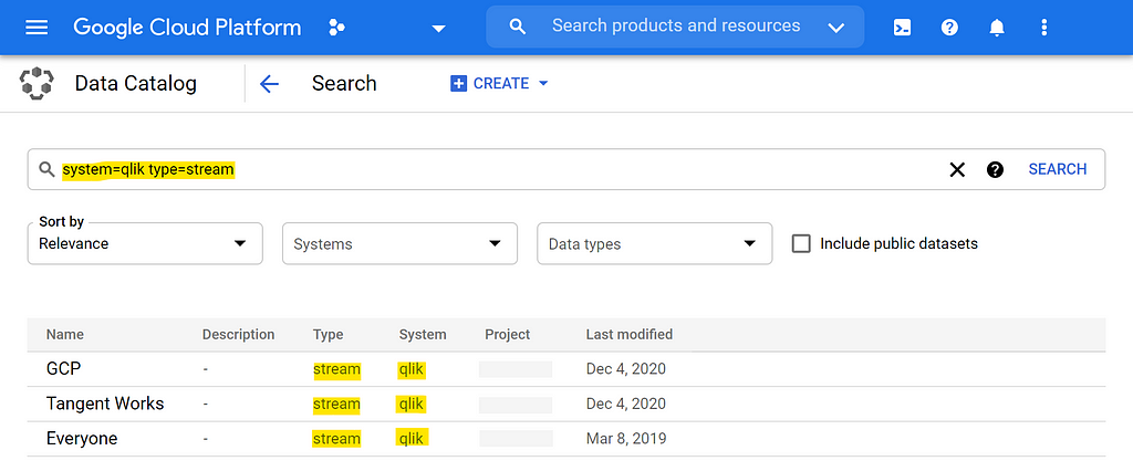 Search all Qlik Streams using Google Data Catalog