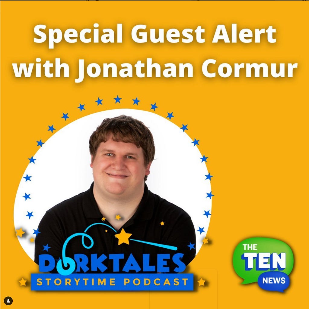The Ten News podcast cover art for their “Celebrating Autism Acceptance Month” features an image of Jonathan Cormur on a bright yellow background.