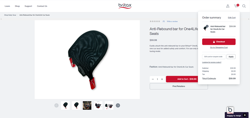 Screenshot of product ordering on the Britax B2C website.