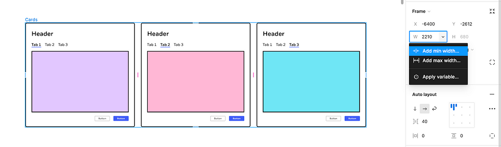 Figma canvas showing three cards and the width constraints in the Design panel on the right hand side