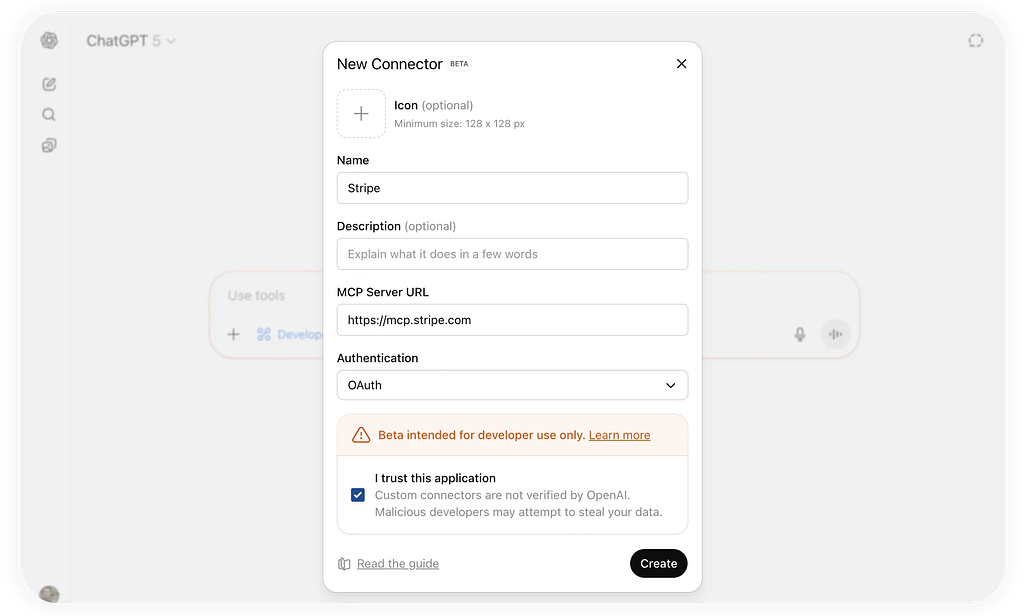 Modal titled “New Connector (Beta)” with fields for name, description, MCP server URL, authentication type set to OAuth, and a warning indicating the connector is not verified.