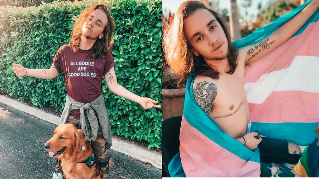 Two split images. On the left, Julian is standing with his golden retriever service dog, Atlas, smiling, and wearing a burgundy shirt that states “All Bodies Are Good Bodies.” On the right, Julian is topless, showing his surgery scars, and in his wheelchair, with the transgender flag wrapped around his body.