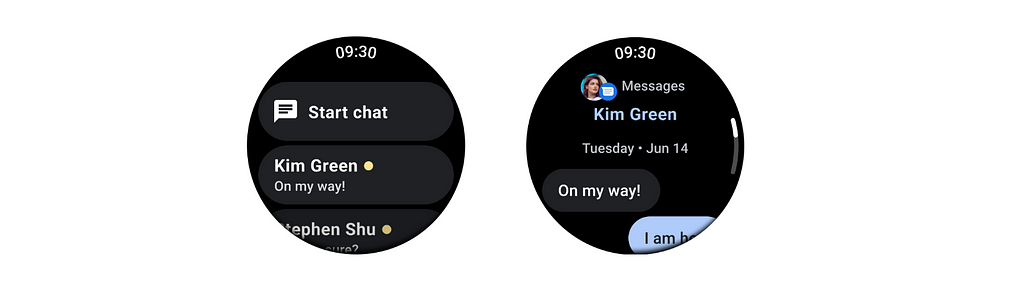 A list of chips representing different conversations, with “start chat” as the first chip. The second screen shows a single conversation with messages in different colored chips for the sender and recipient.