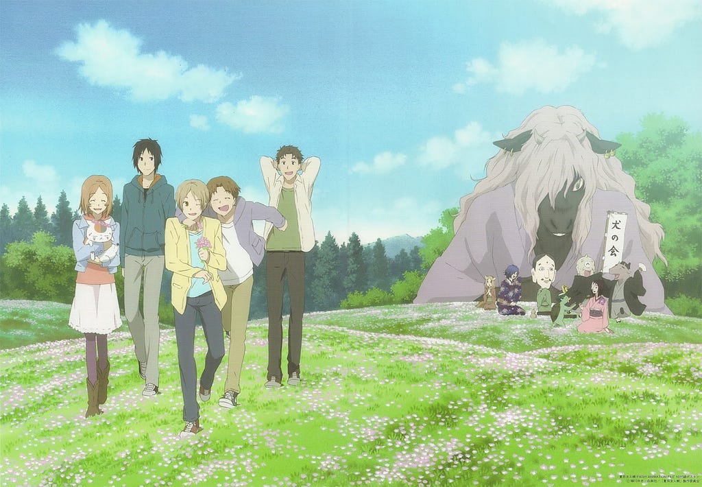 Artwork from the Natsume’s Book Of Friends anime showing Natsume and his human friends, as well as his yokai friends enjoying a nice day.