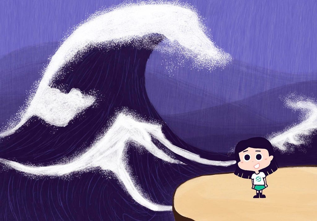illustration of huge wave behind little Charmaine in a segment tshirt
