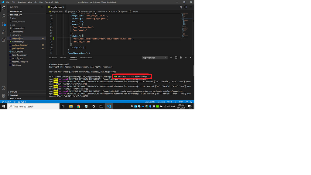 Screenshot showing Terminal within Visual studio code and command issued for installing bootstrap3