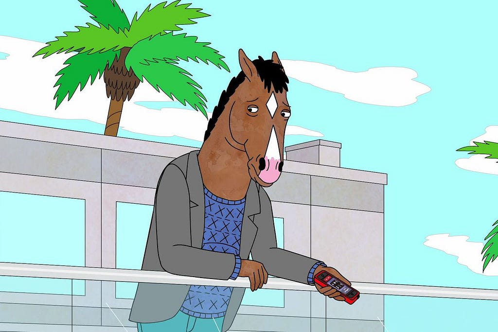 Famous personality Bojack Horseman looking down feeling depressed