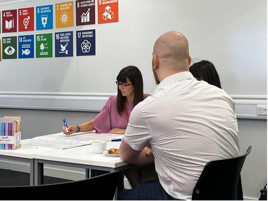 One table of people in discussion at a workshop. A man has his back to the camera and a woman in holding a pen, looking seriously at a sheet of flipchart paper. There is a display of the UN’s Sustainable Development Goals on the wall behind the tables.