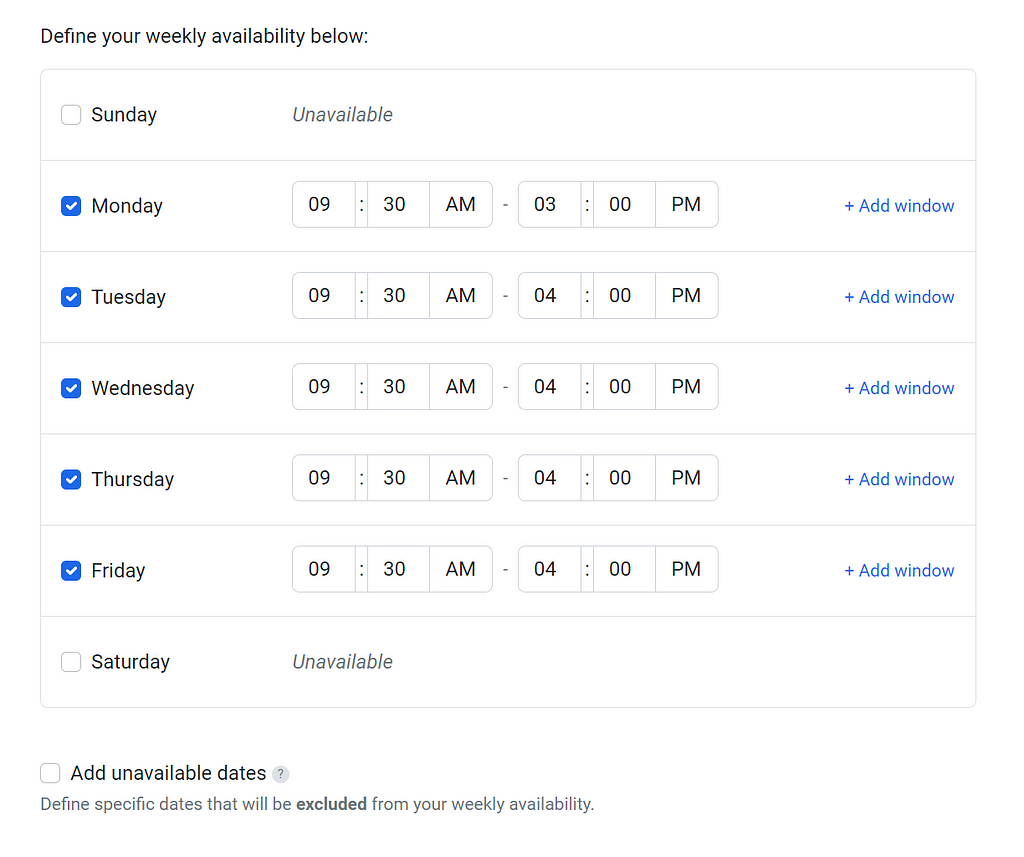 Screenshot of the availability setting in “Update booking type” page. Here, days of the week and times can be adjusted.