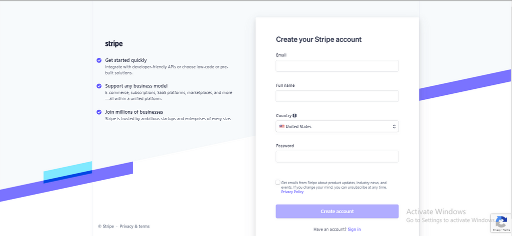 An image of Stripe sign-up page