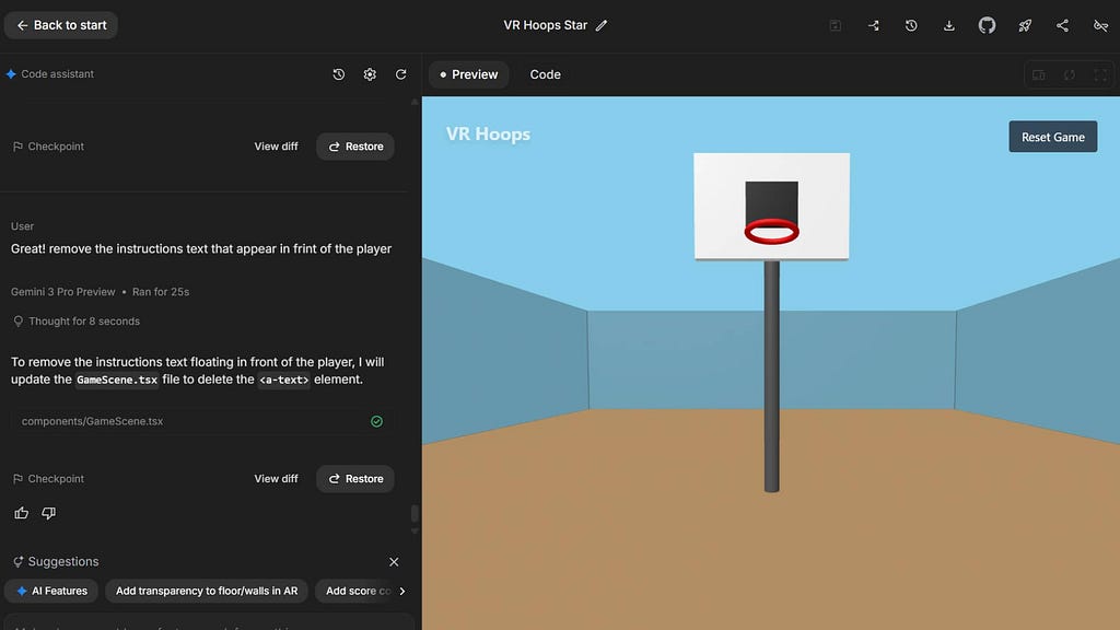 Google AI Studio environment with a preview of the actual game