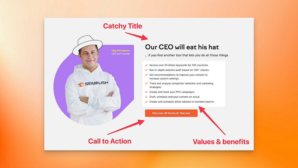 Semrush Landing Page: Value & Product component