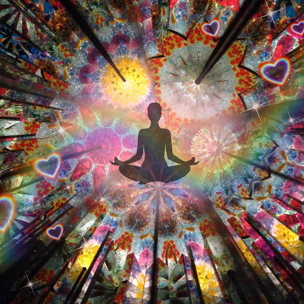 A silhouette of a person sitting in meditation is in the center of a colorful kaleidoscope pattern. There is a soft rainbow swirl moving diagonally across the image, with colorful heart outlines at the corners.