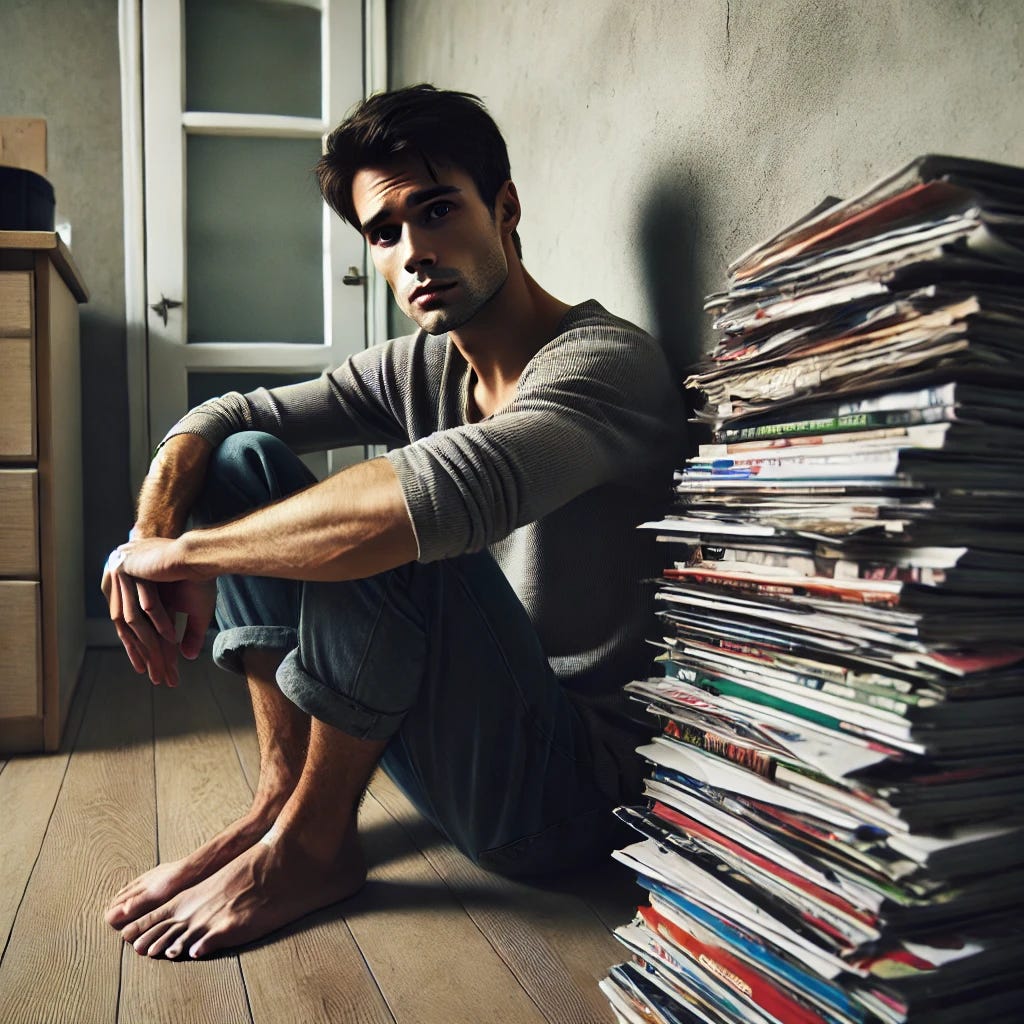 A man sitting alone in a small, bare apartment. He is surrounded by stacks of magazines and postcards. He looks thin and tired.