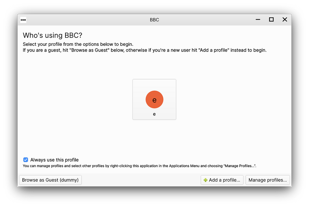 A dialog asking who’s using the website shown. There is one profile, named “e”, as well as a checkbox below that to “Always use this profile”, and below that buttons to browse as guest, add a profile, or manage profiles.