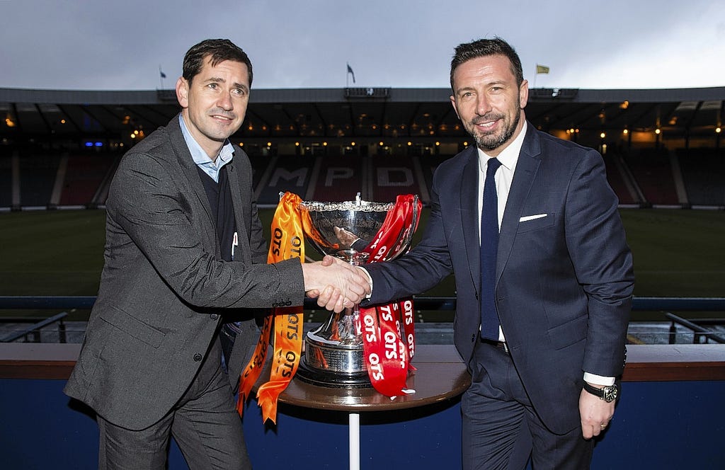 Jackie McNamara and Derek McInnes shaking hands in front of the Scottish League Cup at Hampden