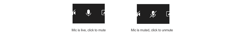 An example from Teams showing the microphone icon when your mic is on and a microphone icon with a line through it when it’s off
