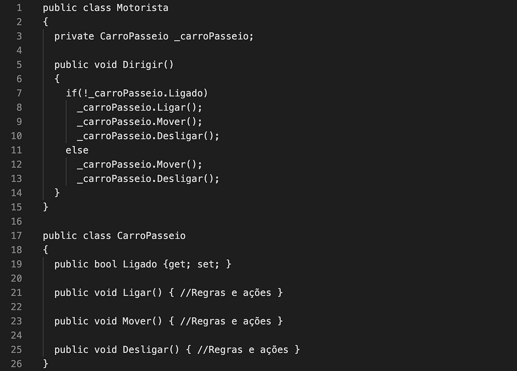 Imagem demonstra um trecho de código onde mostra a forte dependência da classe concreta com a classe que possui os detalhes.