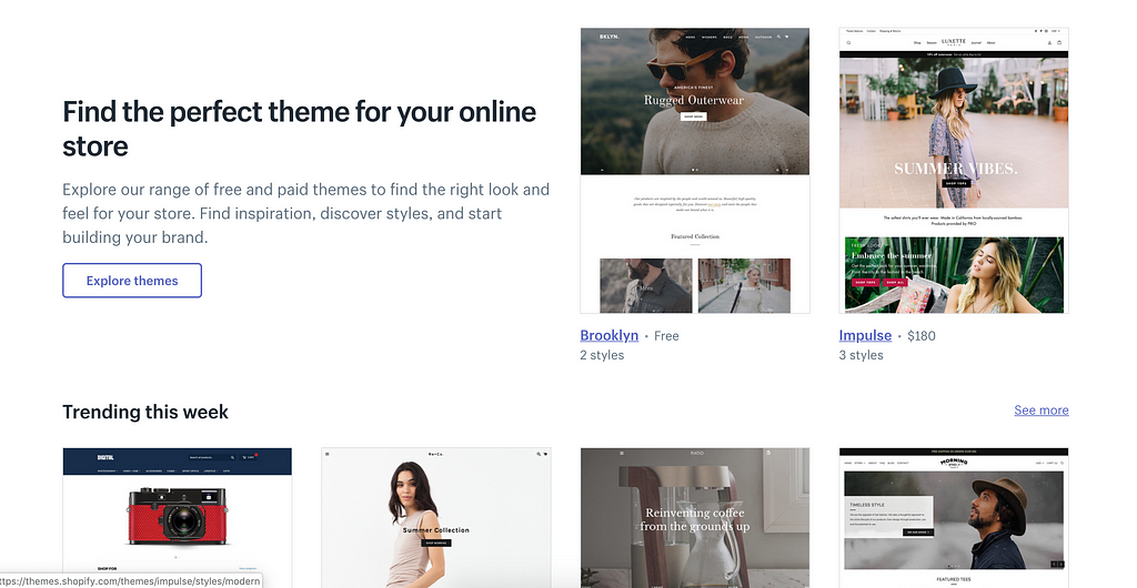 A screenshot of Shopify.com showing the various custom themes