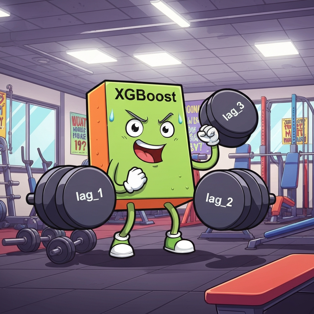 Cartoon XGBoost tree wearing calendar bracelets lifting lag feature weights at the gym