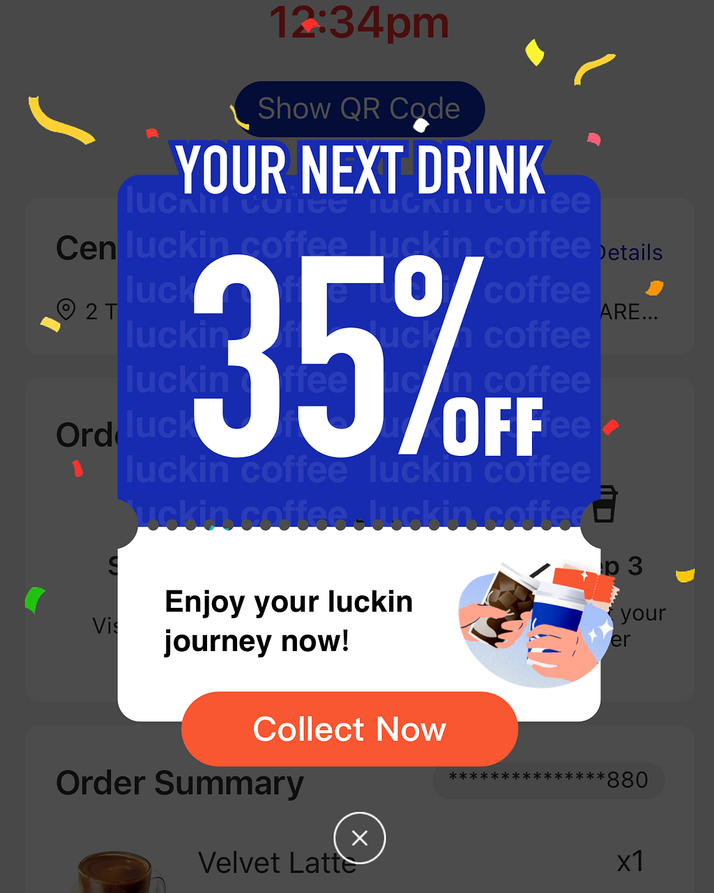 A screenshot of the Luckin app that offers 35% your next order.