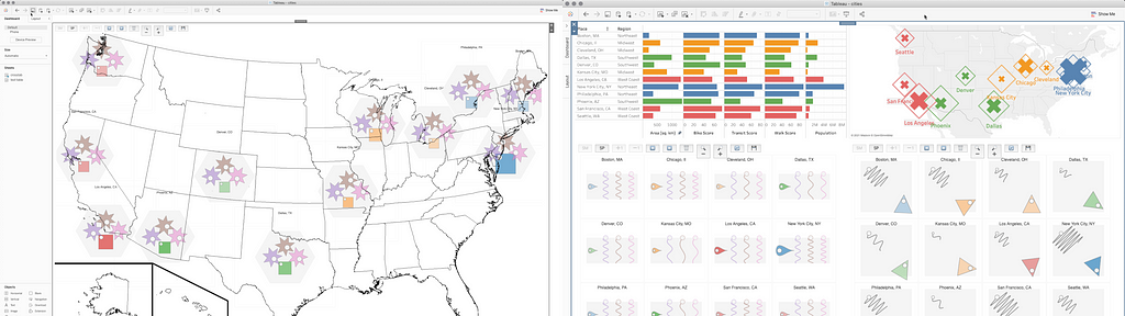 Diatoms in Tableau, overlaid on a map (left) or juxtaposed with other views in a dashboard (right).