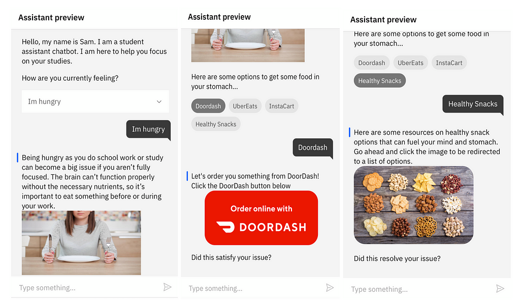 screenshots of the assistant preview. It introduces itself and gives advice on the importance of eating, on using DoorDash to order food, and resources on healthy eating.