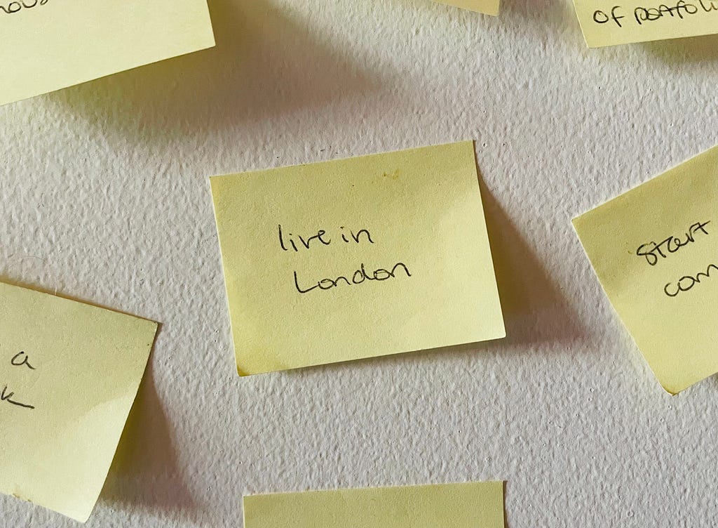 Sticky notes on a wall, one of which reads “Live in London”